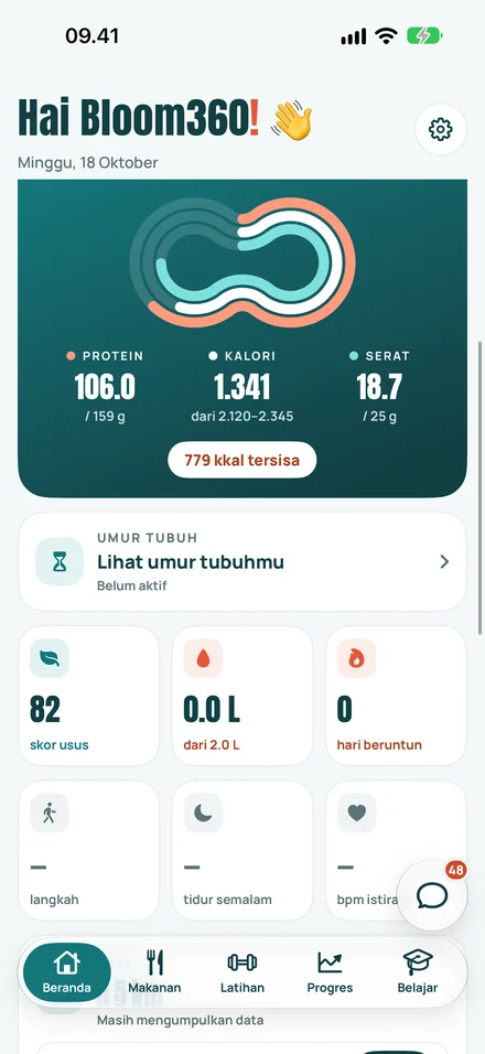 Bloom360 app home screen with the three Bloom Rings for protein, calories and fiber (demo account)
